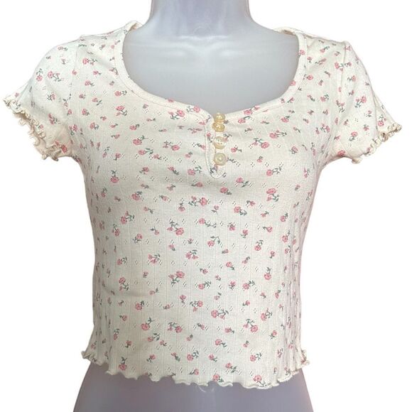 Pink Rose Neutral Floral Cropped Baby Tee Shirt Top - Picture 3 of 5